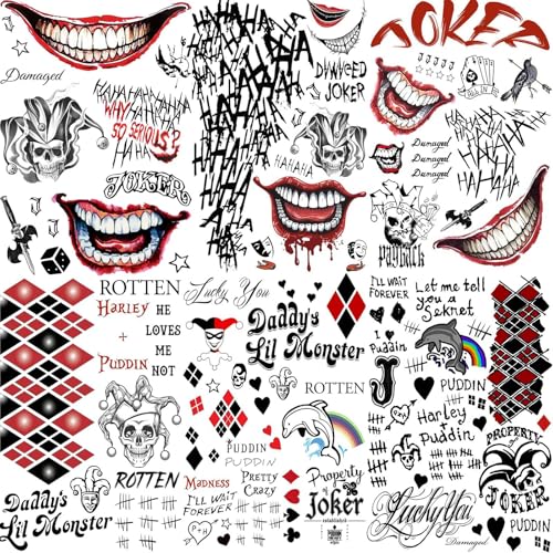 Joker HQ Temporary Tattoos Set - 6 Sheets Halloween Cosplay Body Art