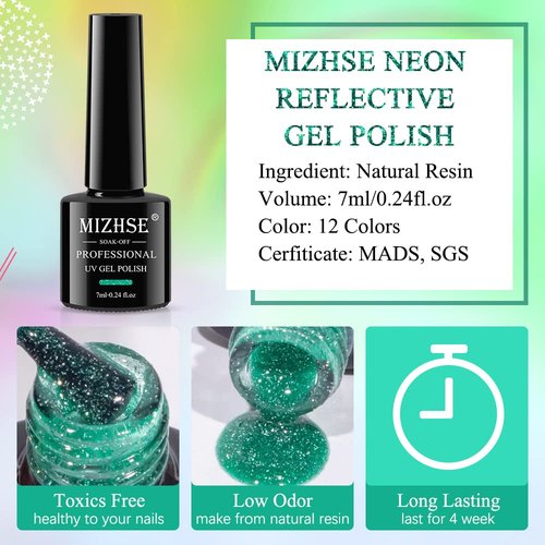 MIZHSE Neon Reflective Glitter Gel Polish 7ml, Sparkly Disco Diamond Nail Polish Kit 12 Pcs, Reflect Blue Pink Soak Off UV LED Manicure Set Nail Art Salon