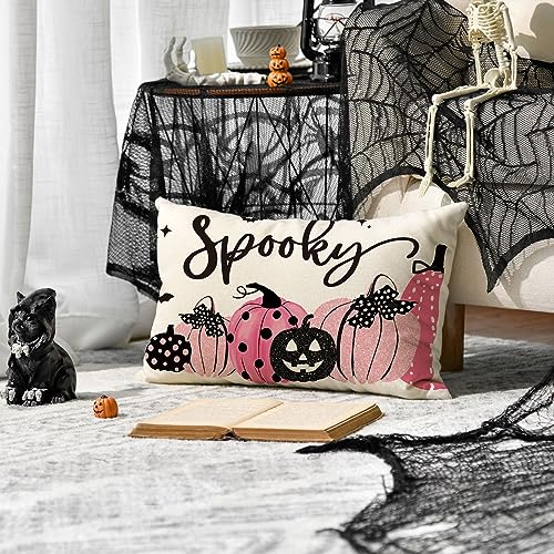 Halloween Spooky Pumpkin Throw Pillow Cover - Pink, 12 x 20 Inch Sofa Cushion Case