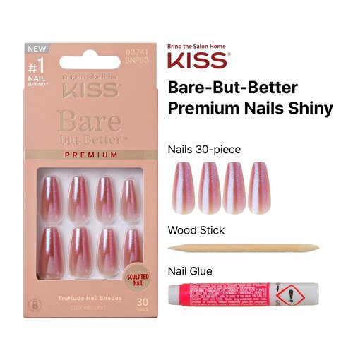 KISS False Nails Kit, Bare but Better Ready to Wear Sculpted Nails, Stick and Glue Included, Long Length, Coffin Shape, Long-Lasting Hottest Trend Glue on Nails, Convenient & Easy to Apply