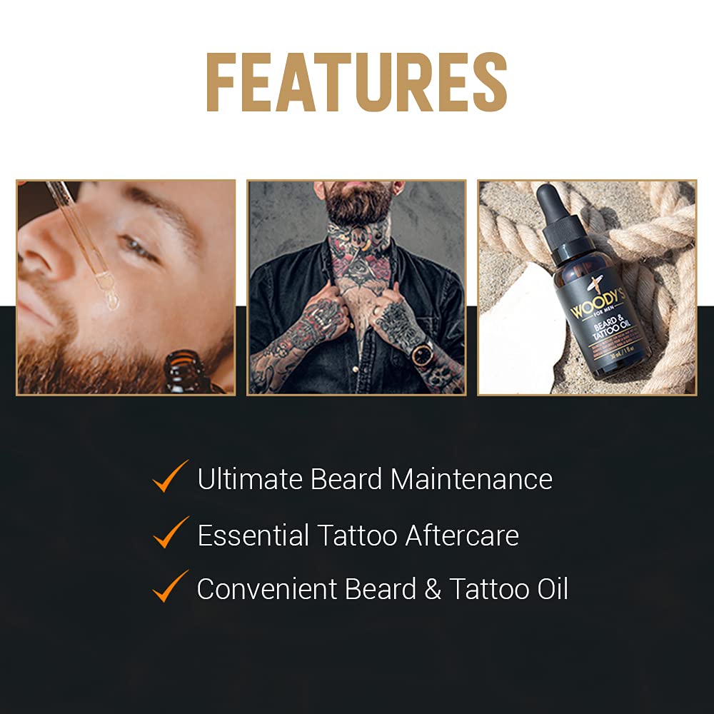 Woody's Tattoo & Beard Oil for Men - Hydrating & Conditioning Mens Beard Oi for Mustache Facial Hair & Tattoo Enhancement, 1 fl oz, 2 Pack
