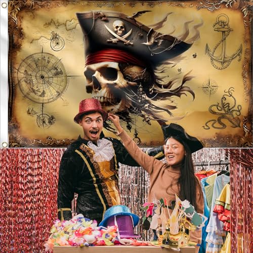 Pirate Backdrop 5x3ft Treasure Map Banner Skull for Pirate Party Halloween Photo Booth