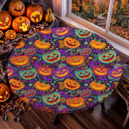 Halloween Round Tablecloth Fits 49-52 Inch Tables - Pumpkin Head Design 52"