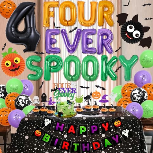 Halloween 4th Birthday Party Decorations Foil Balloons Banner & Ball Set - Black, Orange, Green, Ghost & Bat Theme with Variation Black Orange Green