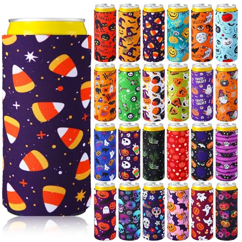Pickmesh 24 Pack Halloween Can Coolers Slim Fit Pumpkin Witch Ghost Party Drink Sleeves