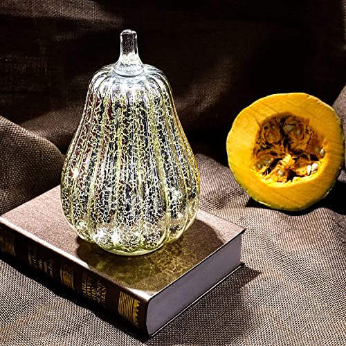 Silver Glass Pumpkin Light with Timer - 8.7-Inch Mercury Pumpkin Decor for Halloween and Fall