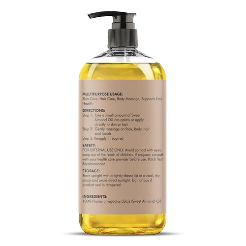 Majestic Pure Sweet Almond Oil 8 Fl Oz - 100% Pure Cold Pressed & Hexane Free Natural Carrier Oil for Skin, Hair and Body - Moisturizing Skin, Hair and Scalp