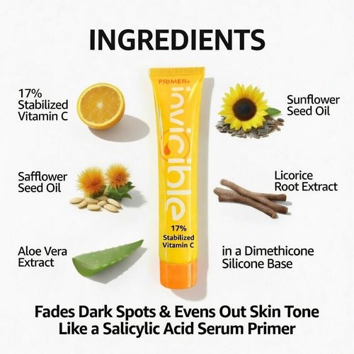InviCible Primer+ Face Primer For Makeup with 17% Vitamin C, Brightening & Illuminating, Evens Skin Tone, Smoothing, All Skin Types, No Pilling, Grips Makeup, Fragrence Free, Vegan, 1fl oz