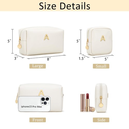 CLOUDWINGS Personalized Birthday Gifts for Women - Initial Makeup Bag Set Travel Toiletry Bag Cosmetic Bags Soft Waterproof PU Leather Makeup Pouch Travel Essentials (Beige,A)