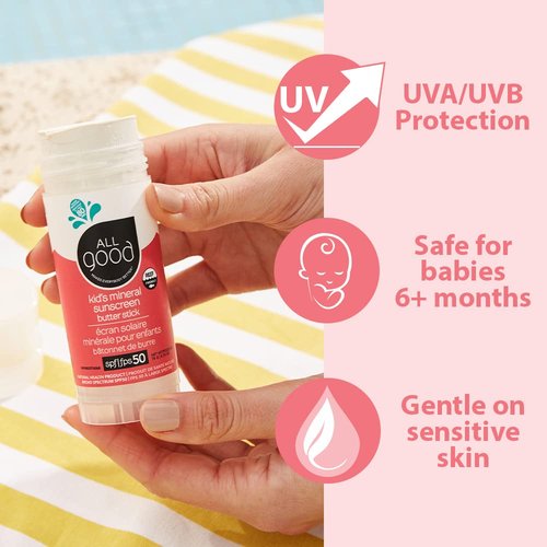 All Good Baby & Kids Mineral Sunscreen Butter Stick - SPF 50 UVA/UVB Protection, Coral Reef Friendly, Water Resistant, 2.75 oz (2-Pack)