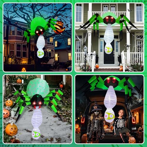Inflatable Spider with Mummy & Green LED Light - 7FT Halloween Outdoor Decor