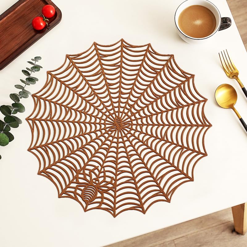 Halloween Spider Web Placemats - Brown 15 Inch Reusable Table Mats for Party & Dining