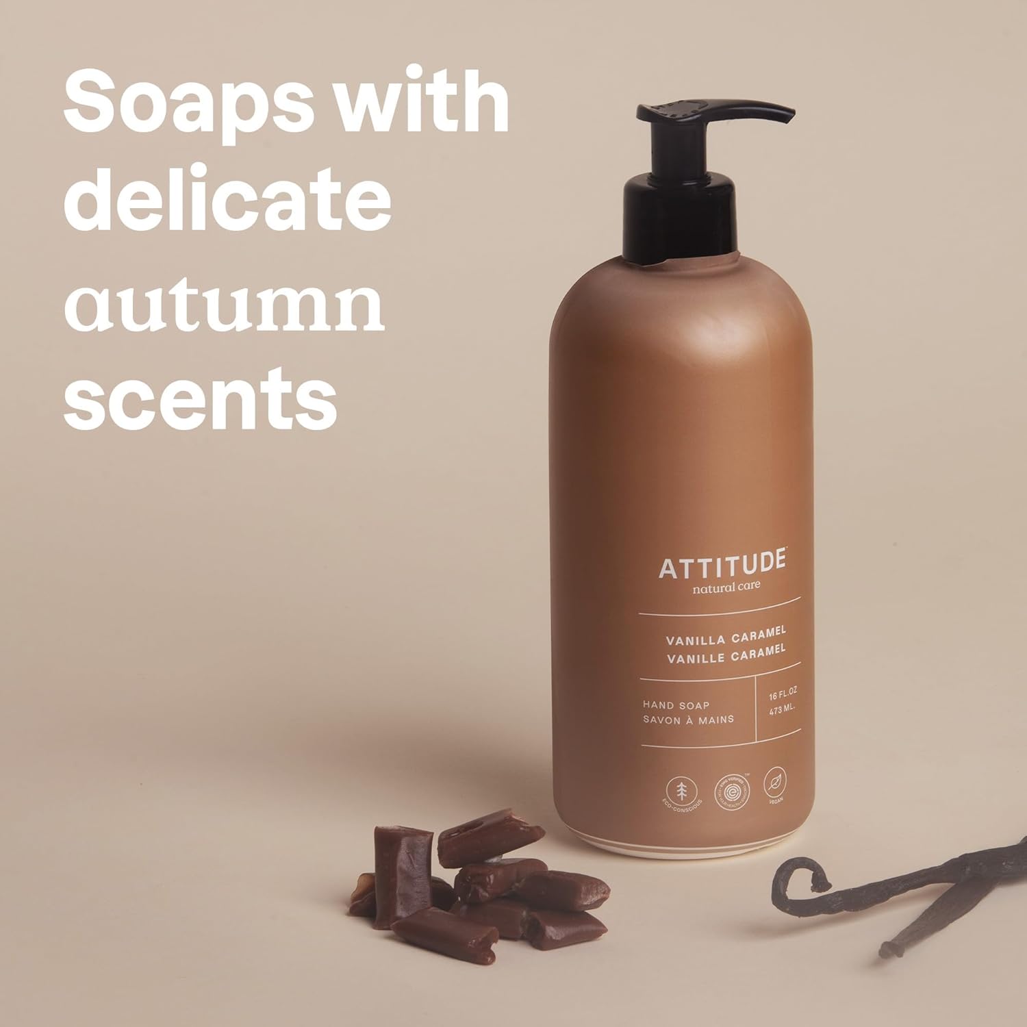 ATTITUDE Liquid Hand Soap - EWG Verified, Vegan & Plant-Based Vanilla Caramel | 16 Fl Oz