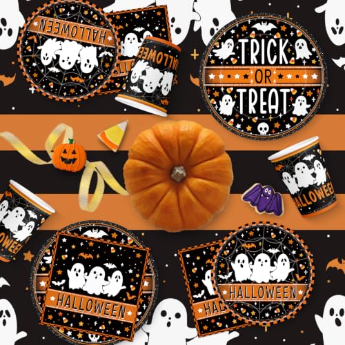 Halloween Disposable Tableware Set - Ghost & Trick or Treat Plates Napkins Cups Banner - 82 Pcs