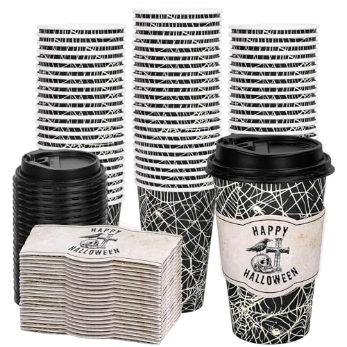 Halloween Spider Web Disposable Coffee Cups 16oz with Lids & Sleeves - Trick or Treat Party Supplies