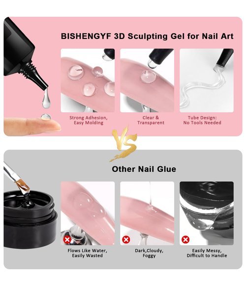 3D Nail Gel and Chrome Nail Powder BISHENGYF - 15g No Wipe 3D Sculpting with Rose Gold Chrome Powder Clear Non-Sticky Sculpting Gel for Home Art DIY