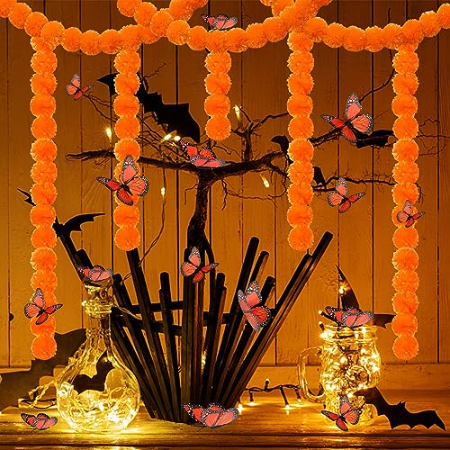 Halloween Marigold Garland with LED Lights & Butterfly Decor - 24 Pieces, 5ft