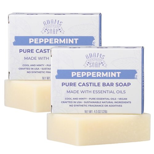Adams Handmade Soap Peppermint Pure Castile Bar Soap – 4.5 oz | Vegan, Cold Process, Essential Oils, 84% Organic, Fair Trade, No Additives, USA Made