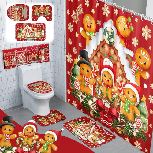 Christmas Shower Curtain Set with Hooks & Rug - Gingerbread Man Holiday Bathroom Decor