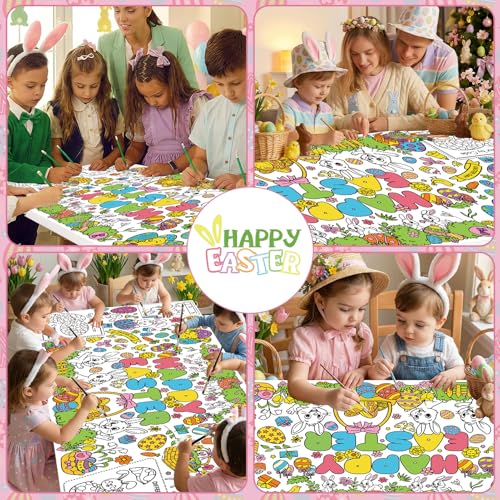 Large Easter Coloring Table Cloth - Spring Rabbits & Flowers Kids Poster - Easter Party Supplies - 30x72 Inches
