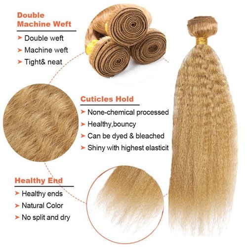 Blonde Bundles Human Hair Yaki Straight Bundles 14 16 18 Inch 3 Bundle Unprocessed Brazilian Virgin Hair #27 Honey Blonde Kinky Straight Human Hair Extensions 50 Gram Per Bundle