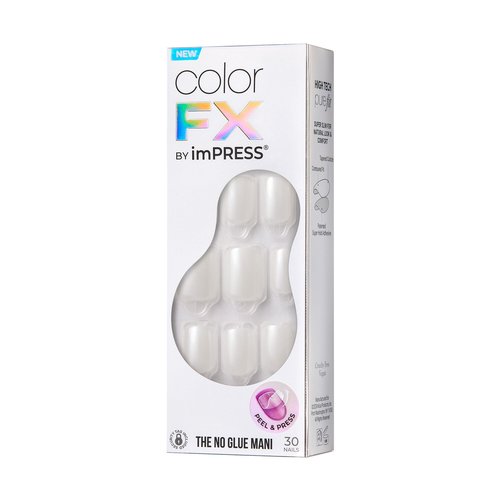KISS Impress No Glue Mani Press-On Nails, Color FX, White Shimmer, Short Size, Squoval Shape, Includes 30 Nails, Prep Pad, Instructions Sheet, 1 Manicure Stick, 1 Mini File