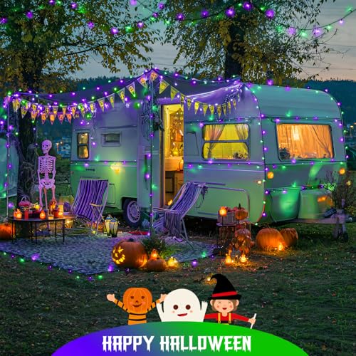 Purple and Green Halloween String Lights 2 Pack - Battery Operated & Remote Control