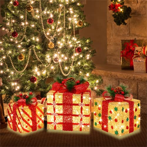 Large 9.5x8x6.5 Inch Lighted Christmas Gift Boxes Set of 3 with 70 LED Flashers