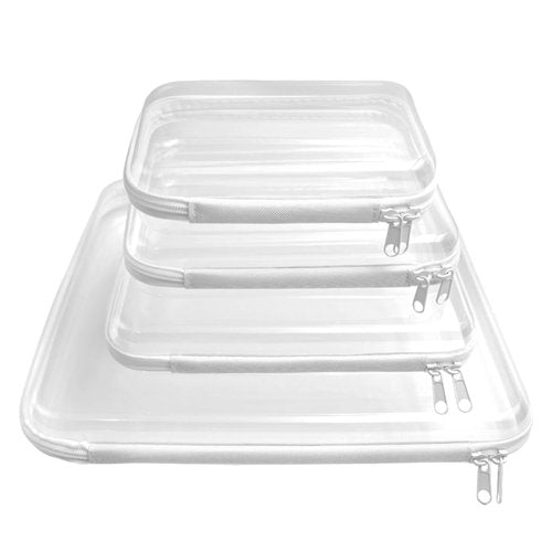 Bifrgmy 4PCS Clear Hard Shell Double-Zipper Pouches, Transparent Plastic Organizer Bags for Travel Cosmetics, Toiletries, Toy Storage & More (White)