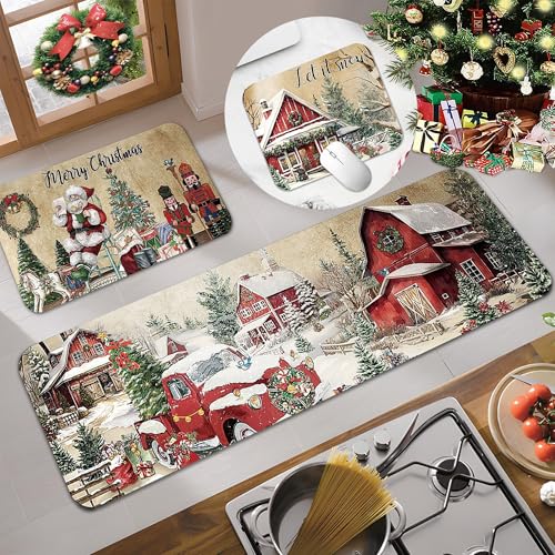 Christmas Kitchen Rugs Set 2 Pcs Non Slip Washable Holiday Home Decor