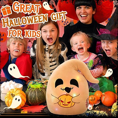 Glow Ghost Plush Pillow with Pumpkin Lantern - 12'' Light Up Halloween Decoration for Kids
