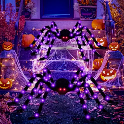 Black Halloween Spider Decorations 59 Inch Lighted Fake Spiders 2 Pack