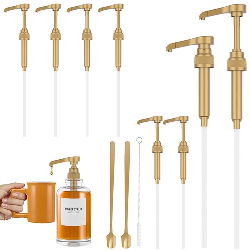 BXUYAOXMC 8Pcs Coffee Syrup Pump for Torani & Skinny Syrup Bottles, 750ml Reusable Pump Dispenser, No Drip Leak Proof Syrup Pump with 2 Spoons & Brush, Gold Replacement for Coffee Bar, Tea, Soda