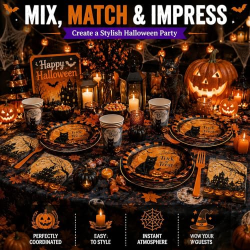 Halloween Party Supplies Set for 24 Guests - Plates, Napkins, Cups, Forks & Tablecloth - Halloween