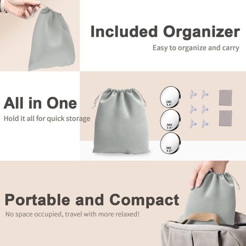 Magnifying Mirror, 10X & 20X & 30X Set, Magnified Mirrors 3.5" with Two Suction Cups, Travel Magnifying Mirror Set Comes with Portable Storage Bag, Compact Small Magnified Mirrors for Travel(White)