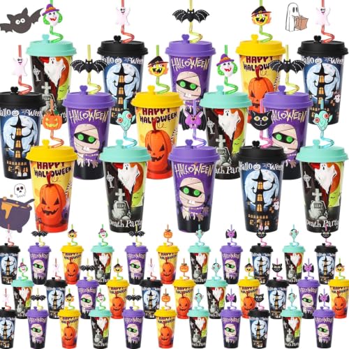 48 Pack Halloween Party Cups with Lids & Silly Straws - Reusable Bulk Set