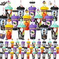 48 Pack Halloween Party Cups with Lids & Silly Straws - Reusable Bulk Set