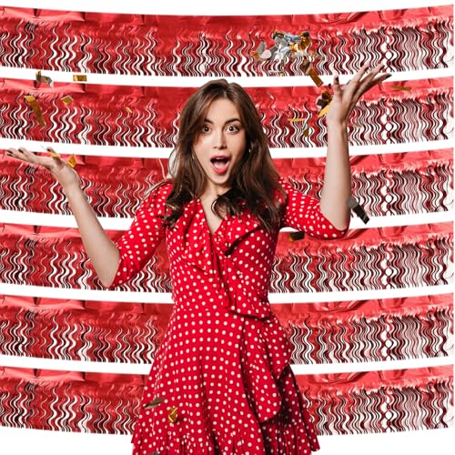 Red Metallic Foil Fringe Banner for Party Backdrops - Wavy Tinsel Garland for Weddings & Celebrations