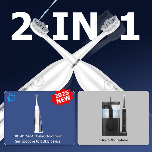 OILSAO Electric Toothbrush with Water Flosser, All in One Sonic Flossing Toothbrush with 3 Modes & 5 Flossing Speeds & 4 Brush Heads, Rechargeable & Portable for Adult Teeth Cleaning,White