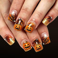 Halloween Short Square Press On Nails with 3D Pumpkin & Spider Web Glitter - Variation 49