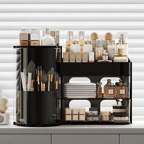 FYABREEK Makeup Organizer 14" D x 8.3" W x 9" H Cosmetic Organizer with Drawers Countertop Skincare Organizer for Vanity Cosmetic Display Case Storage Rotating Brush Holder (Black)