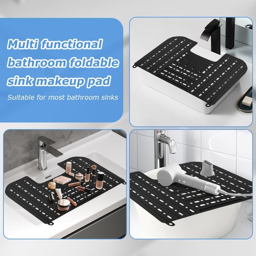 Kryslanix Bathroom Sink Cover for Counter Space With Storage Bag, 22 * 17" Foldable Sink Cover,Silicone Beauty Makeup Brush Cleaning Mat,for Counter Space & Storage Saver(black)