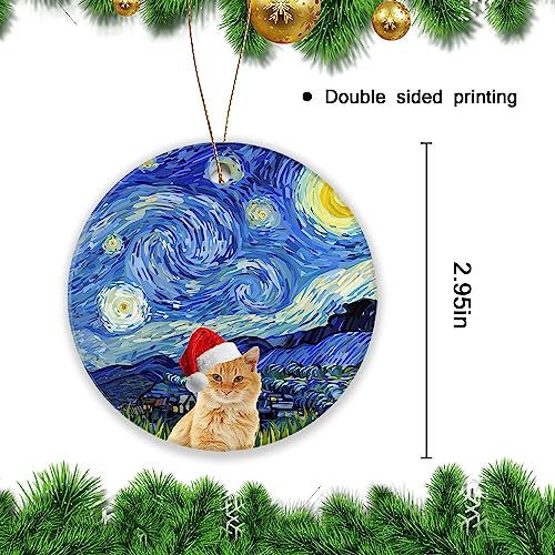 Christmas Ornament 2024 - Orange Cat in Hat with Blue Starry Background, 3 Inch Ceramic Keepsake