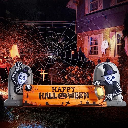 10FT Halloween Inflatable Skeleton Tombstone Banner with LED Lights Yard Decor