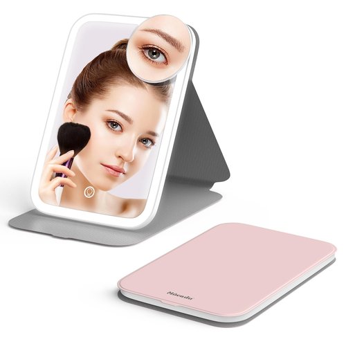 Mocado Travel Makeup Mirro with Lights, 360° Rotation Lighted Makeup Mirror, Portable Mirror with 10x Magnification, 60LEDs 3 Color Lightings, Dimmable Touch Screen, Tabletop Light up(Pink)