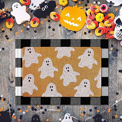 Halloween Ghost Welcome Doormat with Black and White Buffalo Plaid Set - Non-Slip Indoor Outdoor Decor