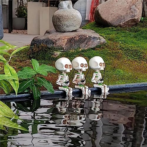Mini Skeleton Fishing Garden Statue - White Resin Home Decor Sculpture