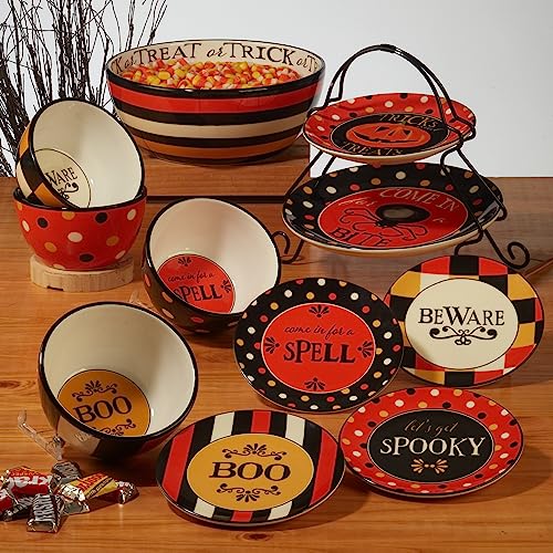 Halloween Deep Ceramic Serving Bowl - 110 oz with Colorful Stripes & 'Trick or Treat' Rim