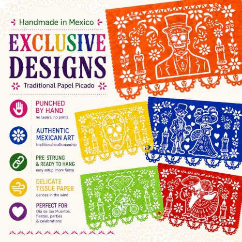 Day of the Dead Papel Picado Decorations - Rainbow Calaveras Banner 50 Feet