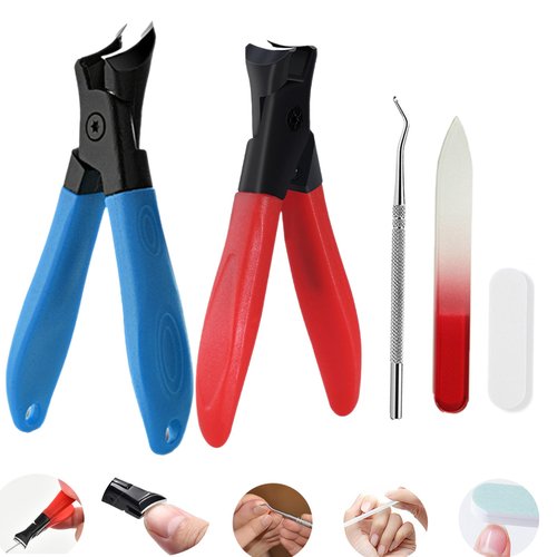 5 pcs Set Thick Hard 2 Nail Clipper(Flat and Bevel,Nano-Glass Nail Files,ingrown Nail Lifter,Nail Buffer, Long Handle Adult toenails Stainless Steel Large Opening Pliers Head Large Nail Clippers